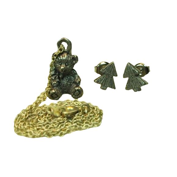 Pewter Teddy Bear Necklace & Xmas Tree Earrings Inside Teddy Bear Box with Bag - Picture 4 of 5